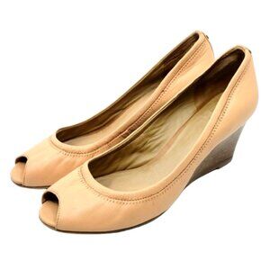 TORY BURCH~PEEP TOE WEDGE PUMP~HEEL SHOES BEIGE CALF LEATHER~9.5 M